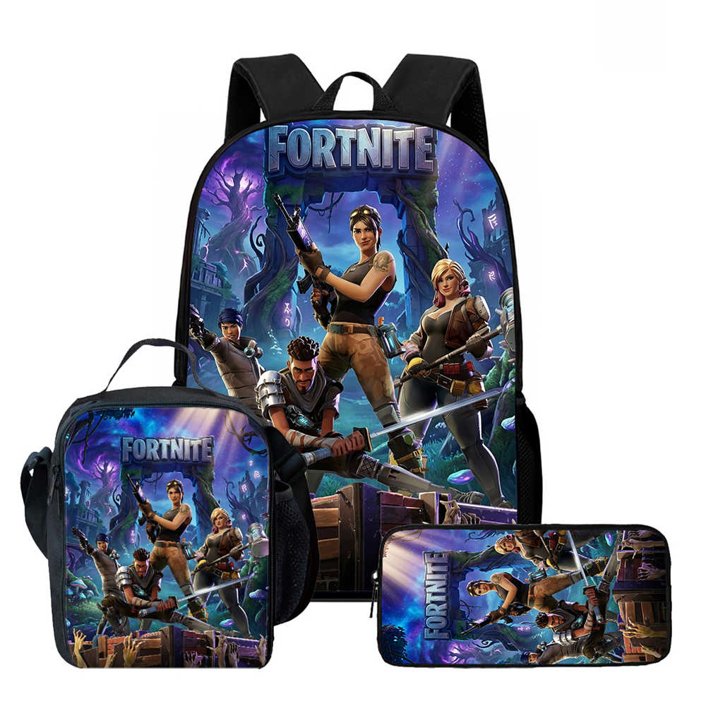 3Pcs Set Kids School Backpack With Lunch Bag & Pencil Bag,Cartoon Fortnite School Bags For Age 5-10,Lightweight For Boys Girls