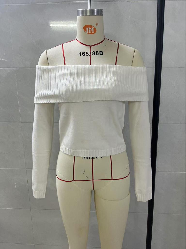 2025 Women's Solid Color One-Shoulder Long Sleeve Knitted Pullover Sweater - European & American Spring Collection