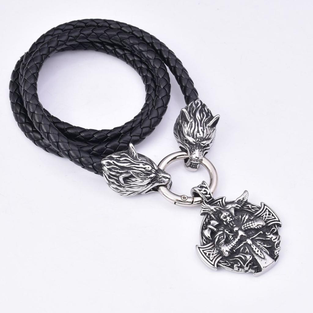 Explosive Men 'S Stainless Steel Viking Wolf Head Cross Warrior Odin Pendant Necklace Jewelry 