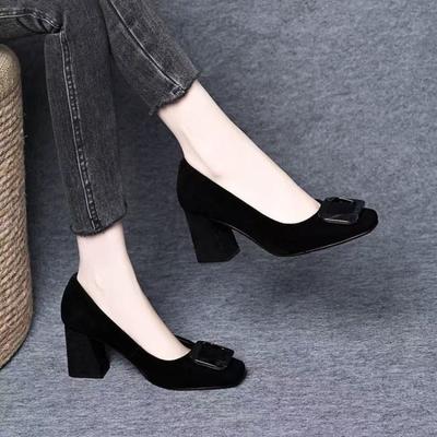 Suede Square Buckle Women's Shoes Single Shoes Autumn New Temperament Square Head Light Mouth Thick Heel High Heels Commuting