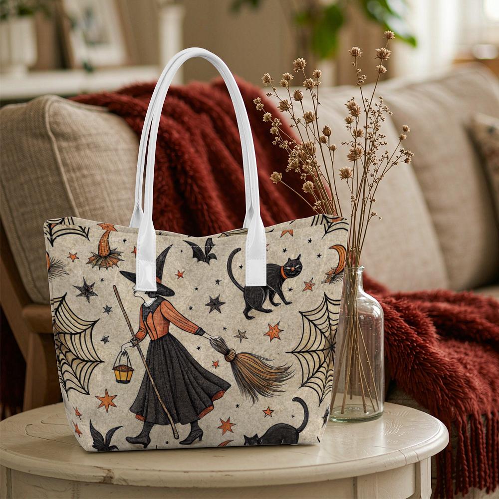 Halloween Witch Print Tote Bag Fashion Trendy Portable Daily Shopping Shoulder Purse