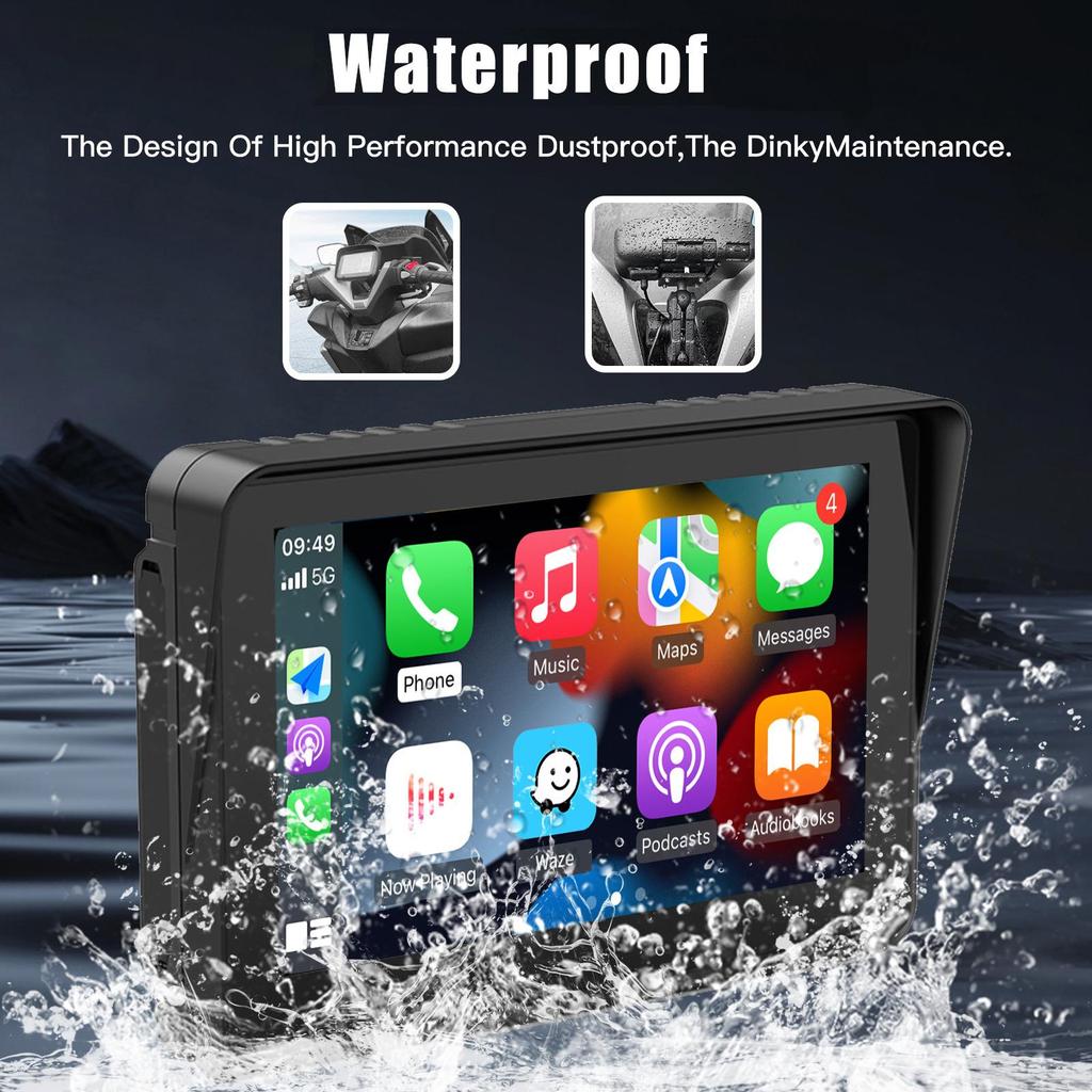 Carabc 5" Motorcycle Carplay Screen, with GPS Navigation IPX7 Waterproof Front & Rear Cameras & TPMS