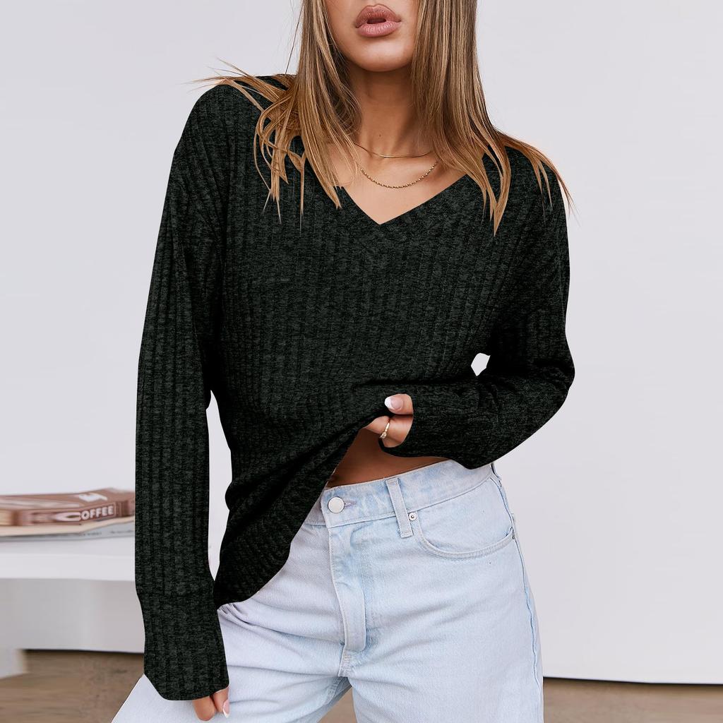 Womens V Neck Sweaters Long Sleeve Shirts Loose Fit Casual  Fall Fashion Lightweight Pullover Tunic Tops
