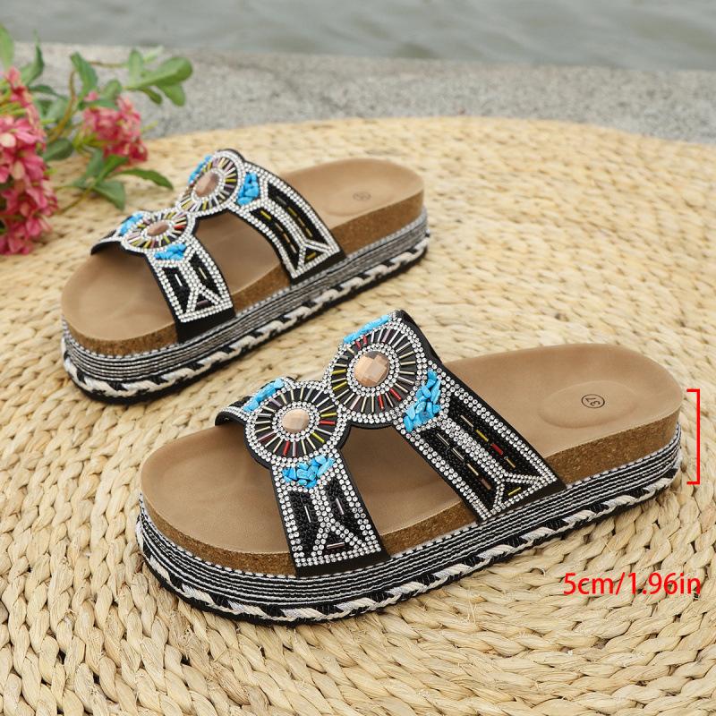 European and American Retro Ethnic Diamond Surface Thick-soled Slippers Double Buckle Large Size Beach Cork Slippers