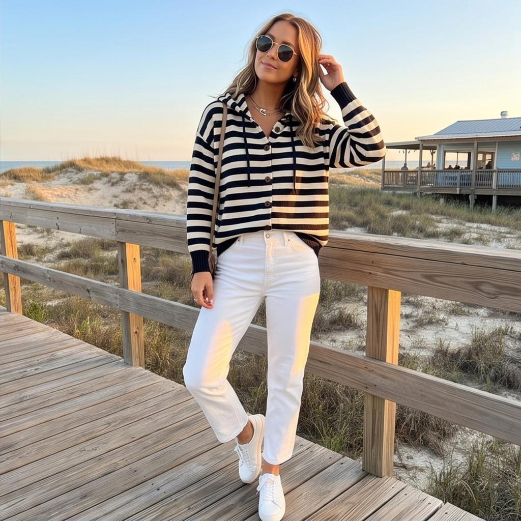 Women's Striped Knit Hooded Cardigan Long Sleeve Button Front Casual Outerwear for Everyday Wear