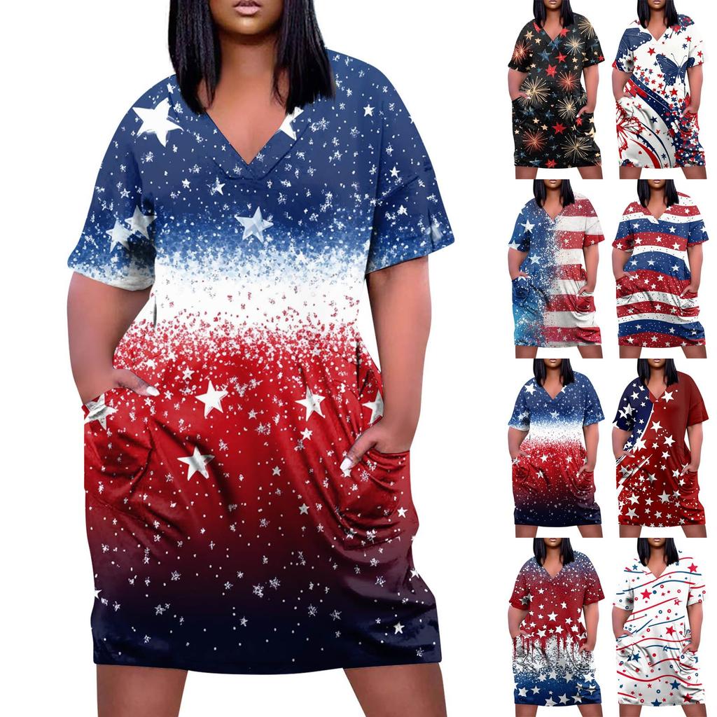 Summer Plus Size V Neck Short Sleeve Knee Pocket Gradient Print Casual Dress For Women