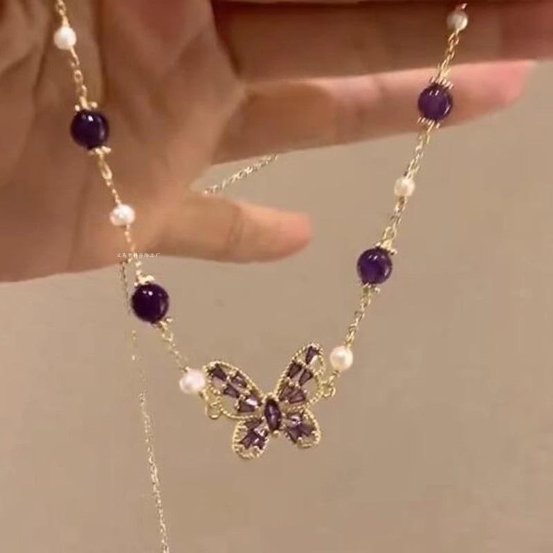 Amethyst Pearl Zircon Butterfly Pendant Necklace Fashion Light Luxury Bracelet Personality Temperament Necklace Jewelry Women's High Sense