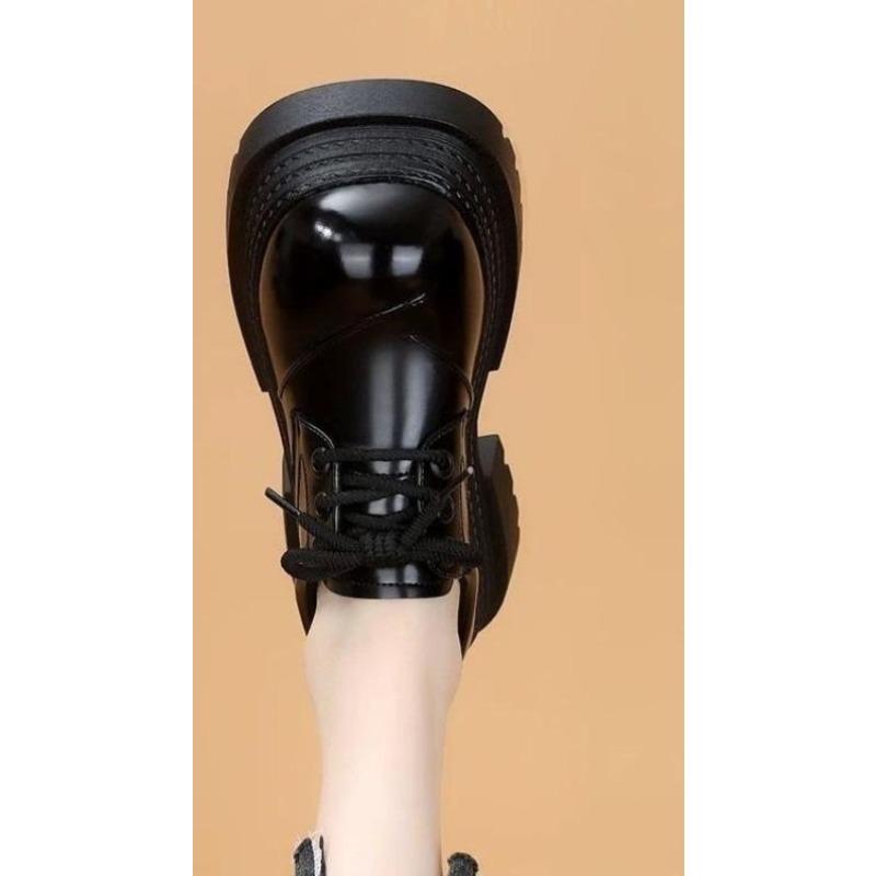 Sapatos de Couro de Sola Grossa para Aumento de Altura para Mulheres, Sapatos Retrô com Cabeças Grandes