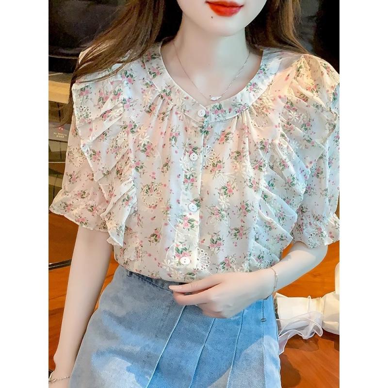 Ruffled floral chiffon blouse for women, summer 2026, sweet and elegant short-sleeved casual top