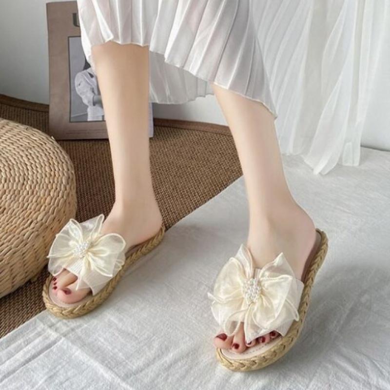 New Arrivals Open Run Ribbon Slippers Pearl Ballet Core Rattan Summer Vacation