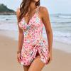 Nuovo costume da bagno intero a wrap con stampa digitale e gonna incrociata, costume da bagno intero conservativo per vacanze al mare per donne