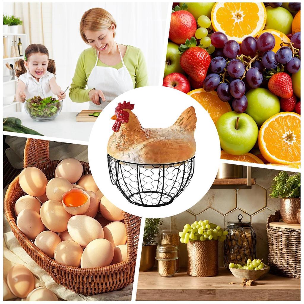 Egg Collecting Basket Vintage Metal Organizer Egg Gathering Basket with Hen Lid for Fruit Snack Farmhouse Kitchen Desktop Farm