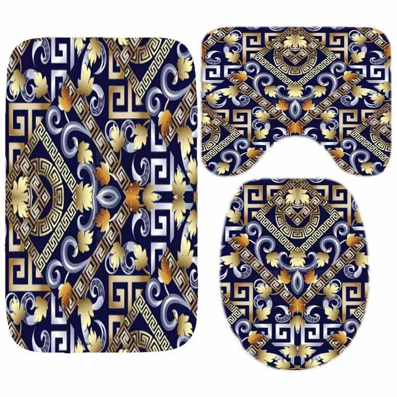 Luxury Black Gold Greek Key Meander Border Bath Rug Set Modern Geometric Ornate Bathroom Door Mat for Toilet Floor Carpet Decor