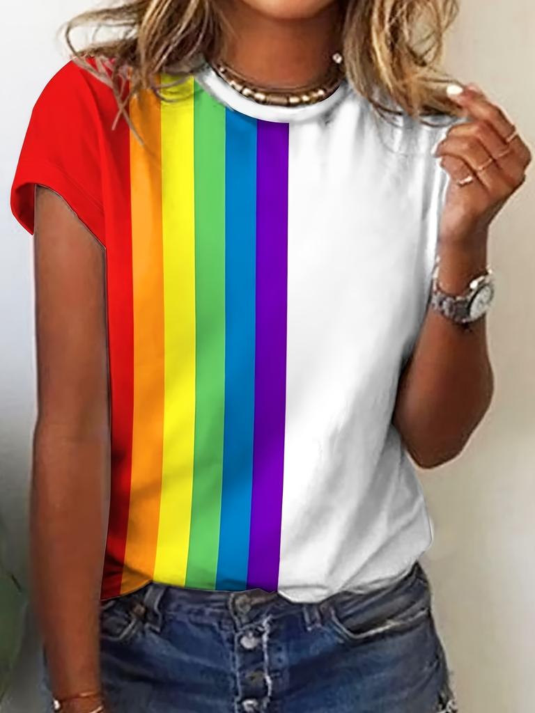 Women'S Rainbow Striped Casual T-Shirt - Bright Digital Print Round Neck Summer Top. Machine Washable Regular Fit Colorful Stripes. Women'S T-Shirt. L