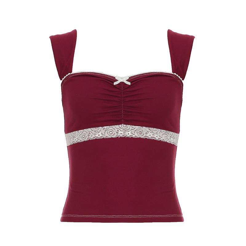 Niche style lace square collar court style short-sleeved top spring new sweet and spicy slim fashion top