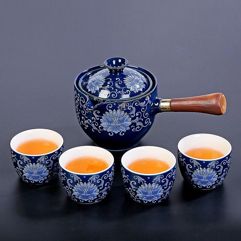 Compact Travel Tea Set with Automatic Rotating Teapot and Side Handle Kung Fu Cups