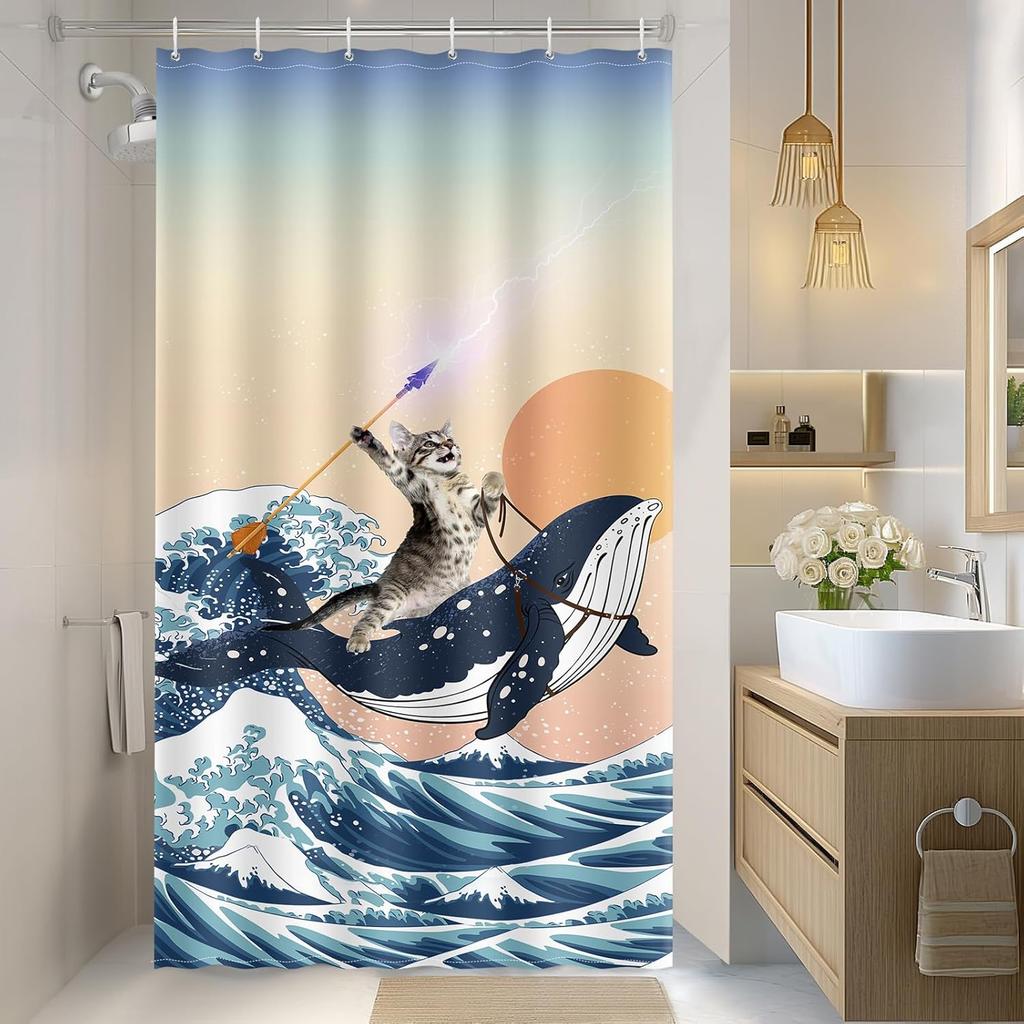 Funny Cat Shower Curtains Cute Cat Riding Whale Shark Fantasy Jellyfish Fun Shower Curtain Set with Kids Bathroom