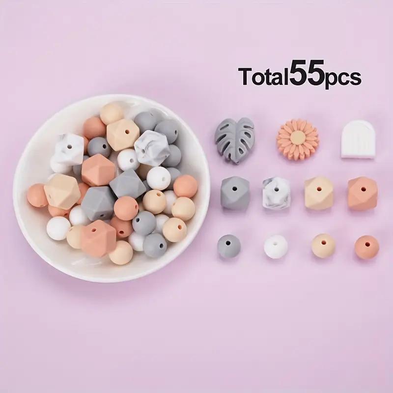 55PCS daisy silicone bead set, featuring leaves and arches, suitable for DIY jewelry, keychains, bracelets, and handmade items