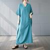 Summer Color V-neck Retro Long Skirt Cotton Linen Dress