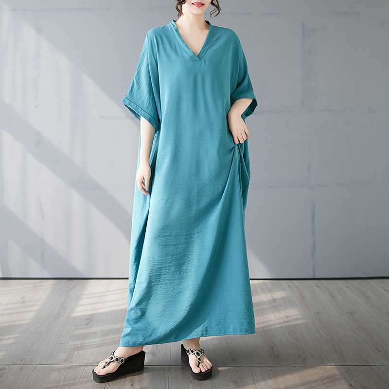 Summer Color V-neck Retro Long Skirt Cotton Linen Dress