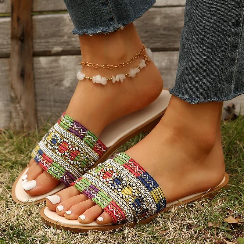 Fashion Fashion Tweed Cloth Flats Slippers Women 2025 String Bead Plus Size 36-43 Summer Sandals Woman Lightweight Outdoor Slides Female