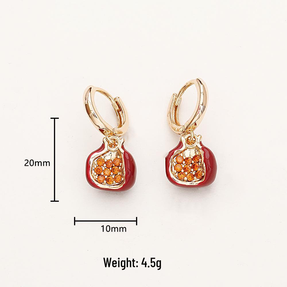 Festive Red Pomegranate Zircon Pendant Necklace & Enamel Bracelet with High-End Earrings Set