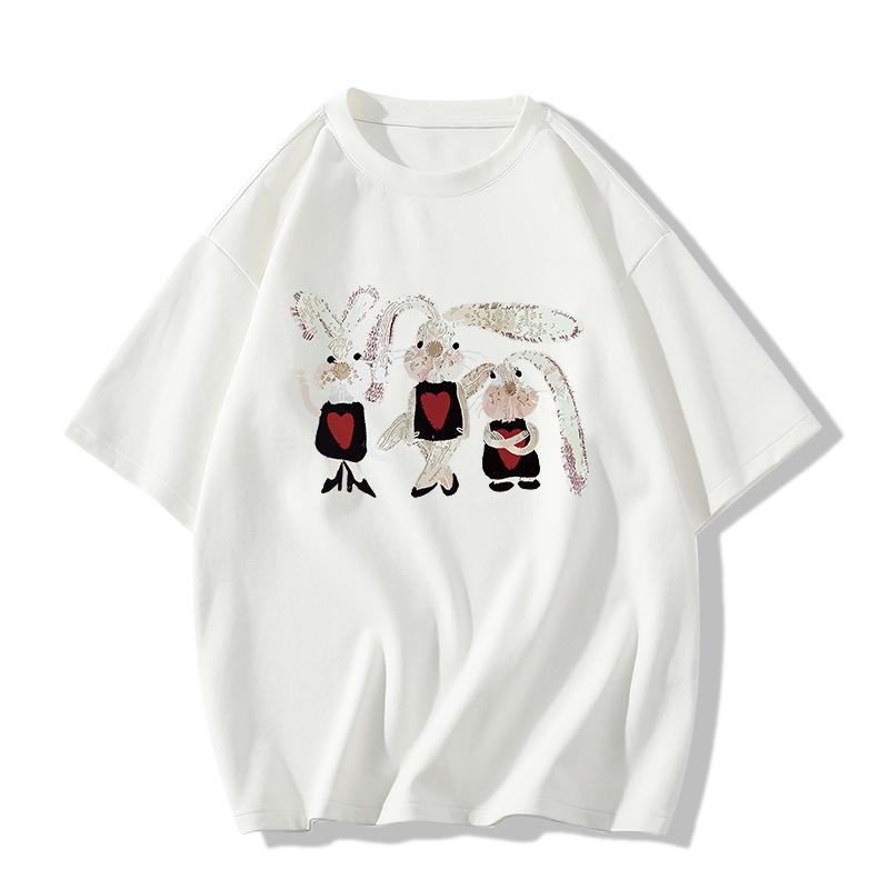 Ladies Summer Short Sleeve Round Collar Cartoon Rabbit Printed Loose Pullover Casual T Shirt Top