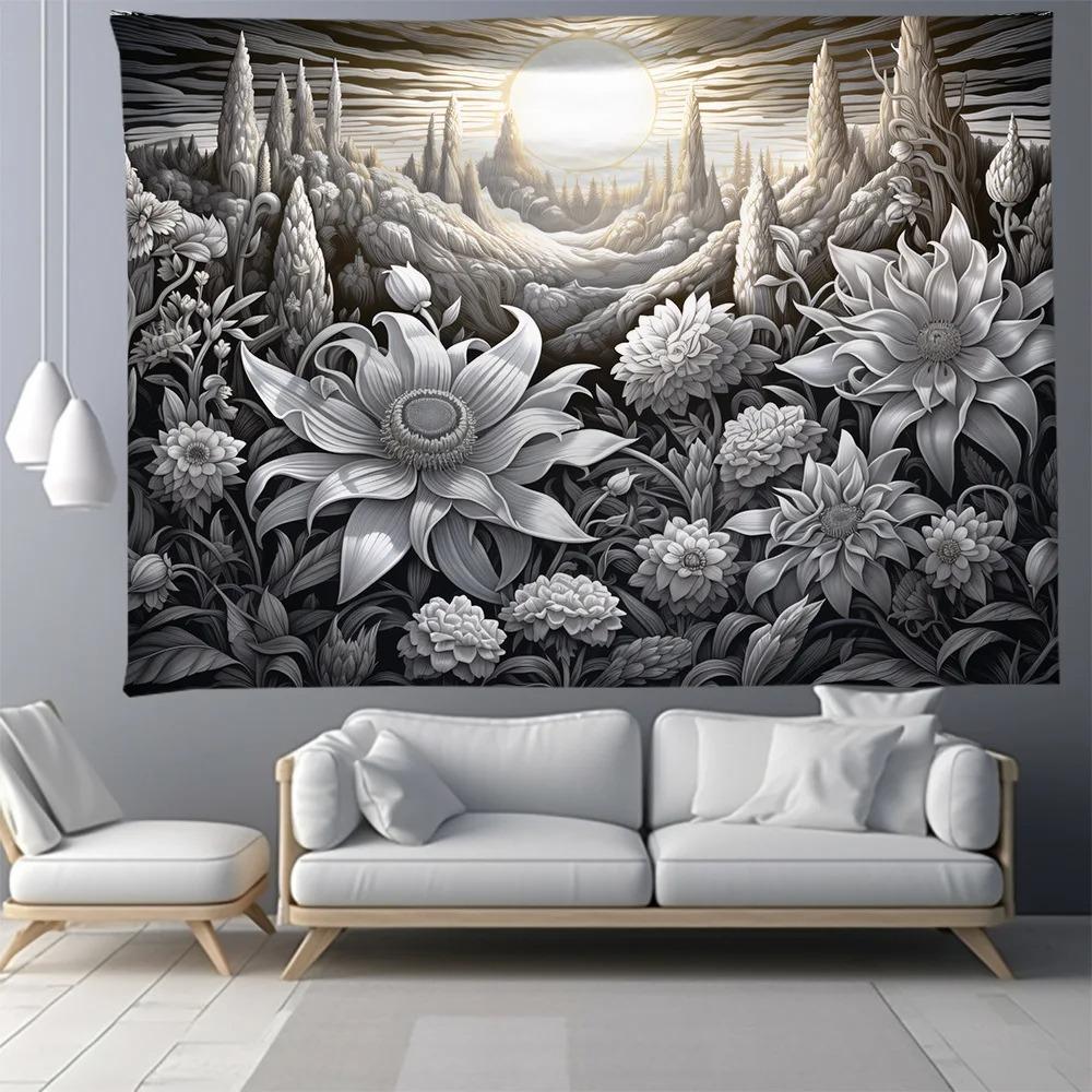 Black and White Tree Floral Pattern Bedroom Living Room Tapestry Home Wall Decoration Tapestry