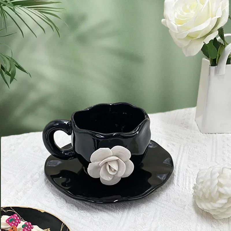 Petal Coffee Mug Creative Hand-pinched White Rose Cups and Saucers Home Afternoon Tea Ceramic Mug Three-dimensional Mug