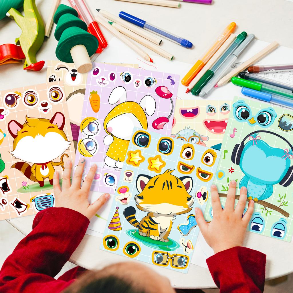 6 Photos/pack of Cute Cartoon Animal Face Swap DIY Puzzle Stickers for Children's Early Education Thinking Training Stickers