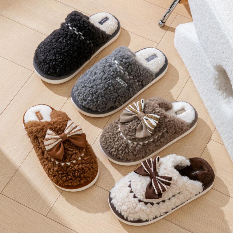 Winter Bowknot Furry Slippers for Couples - Cozy Indoor Cotton Slippers