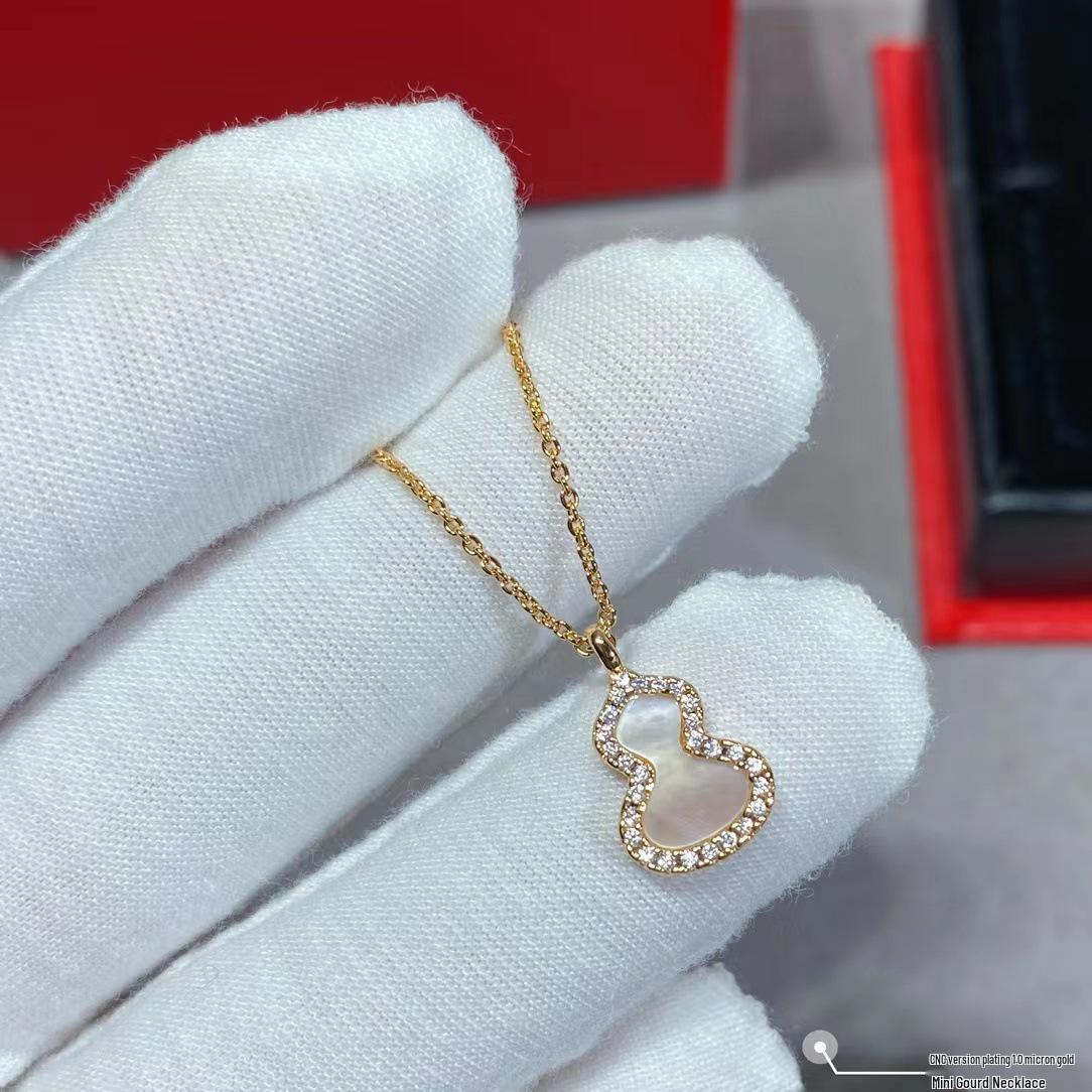 18K Rose Gold Gourd Necklace with Red Agate, Jade, and Diamond Pendant for Women