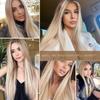 Lange, seidig glatte Spitzenperücke mit T-Teil, hellbraune, blonde Strähnchen-Perücke mit Babyhaar, hochdichte, hitzebeständige Kunsthaarperücke