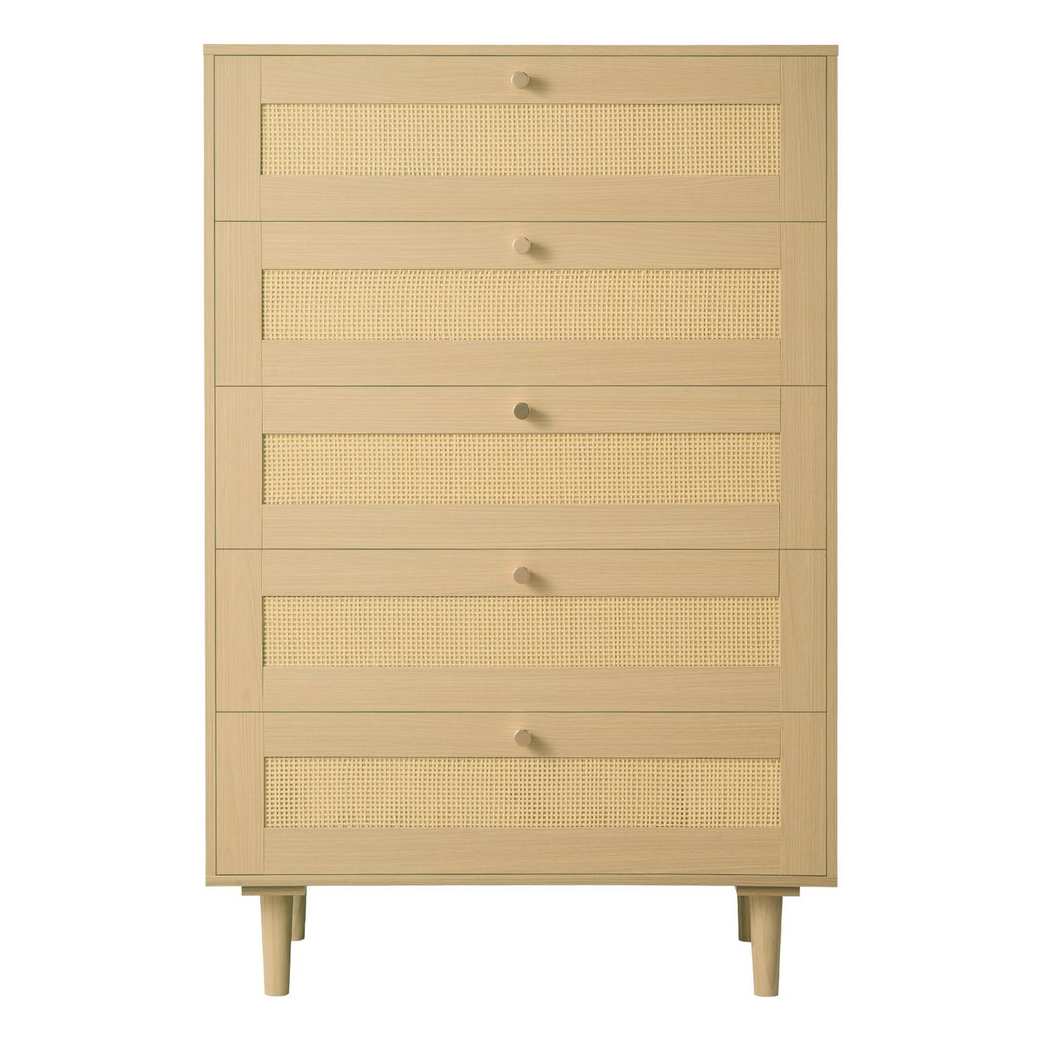 5-Schubladen Rattan Kommode, Moderne Schrankkommode für Schlafzimmer, Natürliche Rattan Kommode mit Metallgriffen & Holzbeinen, Kleideraufbewahrungskommode