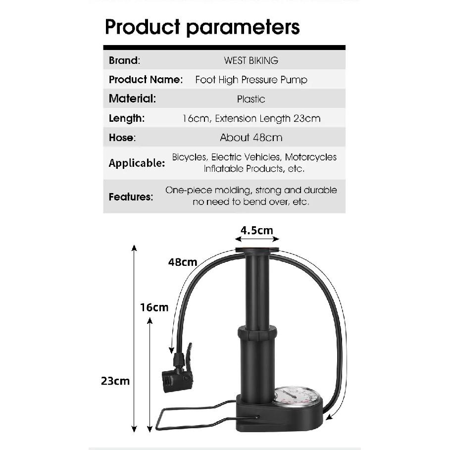 WEST BIKING Bicycle Foot Mini Pump High Pressure 140PSI Tire Inflator Presta/Schrader/Dunlop MTB Road Bike Foot Pump With Gauge