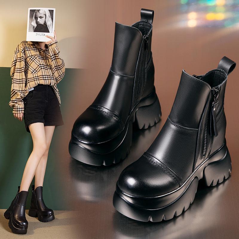 Women's Genuine Leather Platform Chelsea Ankle Boots with Hidden Heel - 2025 Autumn/Winter New British Style, Small Sizes Available