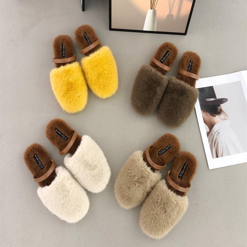 2025 autumn and winter fluff drag round head average size skin tone plush spot comfortable Korean version bag head thick heel