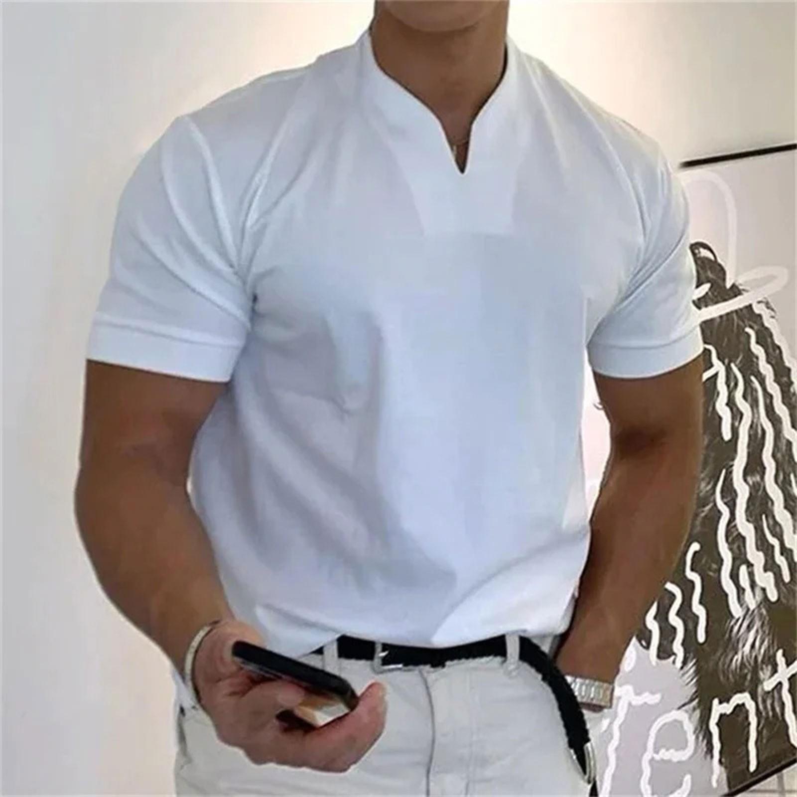 7B Men s Casual Solid Color V-Neck Gentleman s Business Short Sleeve Fitness T-Shirt M белый