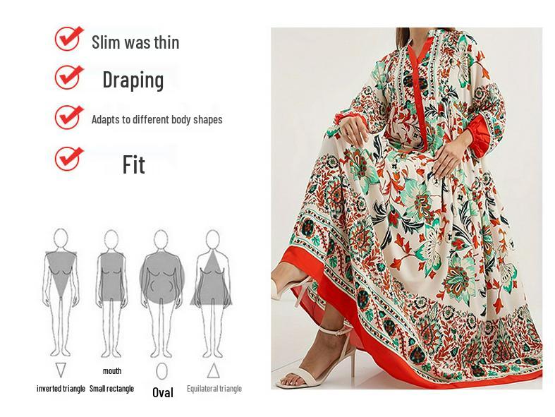 Elegantes Damenkleid mit V-Ausschnitt und langen Ärmeln im floralen Stil aus dem Nahen Osten