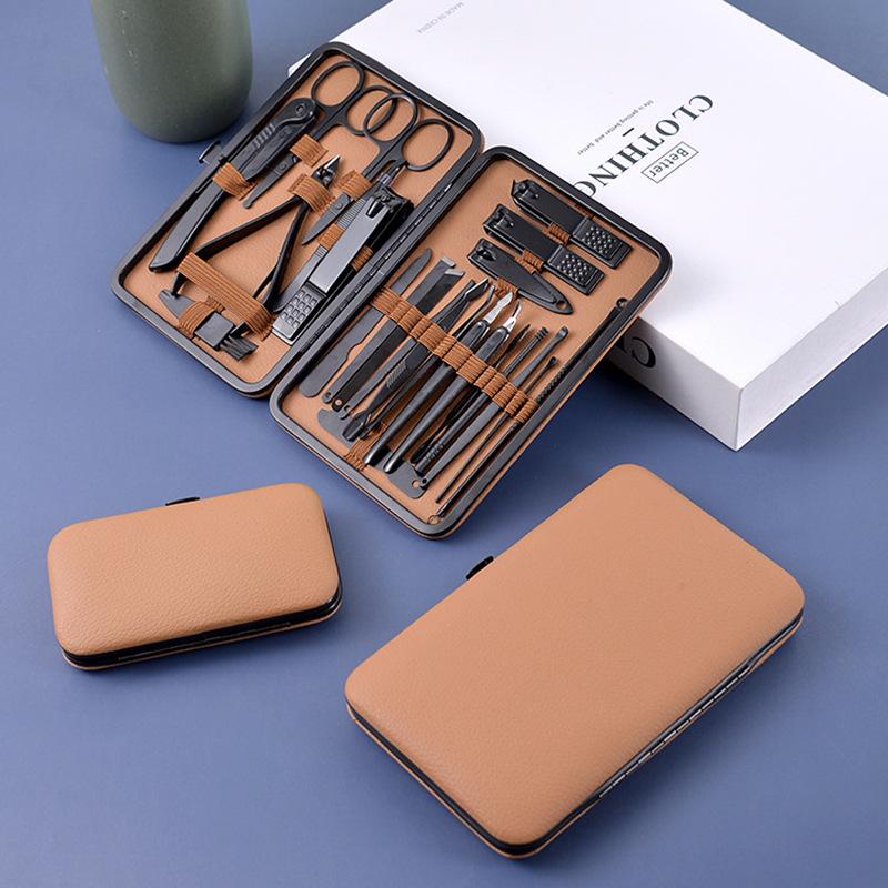 Tragbares 24-teiliges Edelstahl-Nagelknipser-Set - Braune Maniküre- & Nagelkunst-Werkzeuge