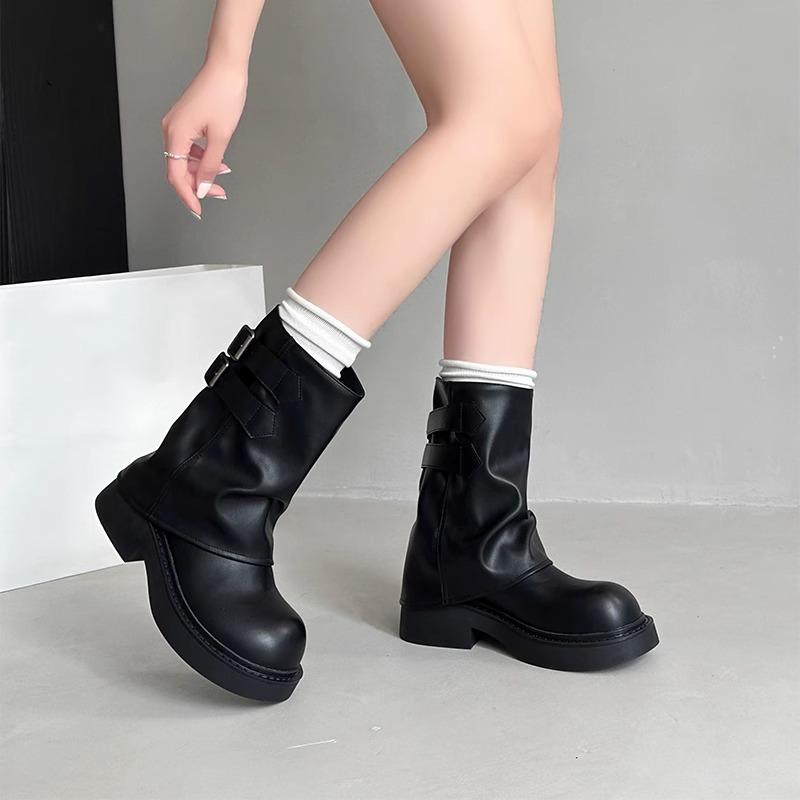 Fashion Fashion Vintage Belt Buckle Women Western Ankle Boots Concise Square Heels Shoes Autumn Laides Short Booties