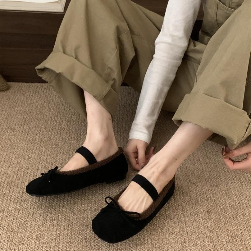 2025 autumn and winter new flat-bottomed bow velvet Mary Jane shoes women's warm ballet shoes lamb wool single shoes