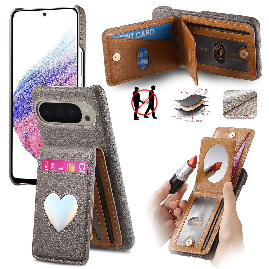 For Google Pixel 10 Pro XL/9 Pro XL Case with Mirror Card Holder RFID Blocking Litchi Texture PU PC Phone Back Cover