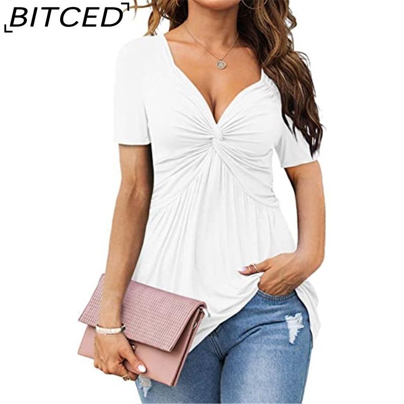 BITCED Women's V-Neck Front-Twist Short-Sleeved Elegant Casual T-Shirt Solid-Colour Pullover Top