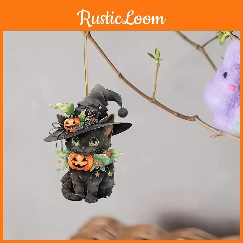 Acrylic Surface Flat Pendant With Halloween Cat Pumpkin Design For Auto Decor