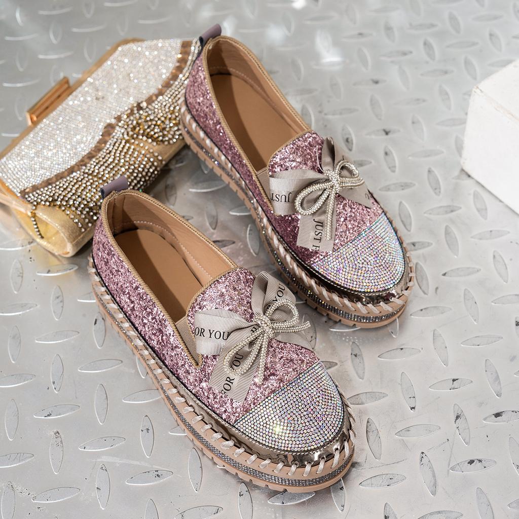 Fashion 35-44 Thick Bottom Rhinestone Bow Mary Jane Shoes Women Flat Shallow Mouth Comfort Casual Shoes Zapatillas De Mujer Loafers 2025