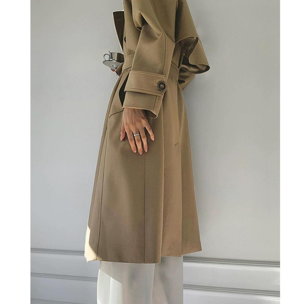 2025 Damen Khaki Midilanger Trenchcoat: Britischer Stil, Taillenformend, Lässige Eleganz.