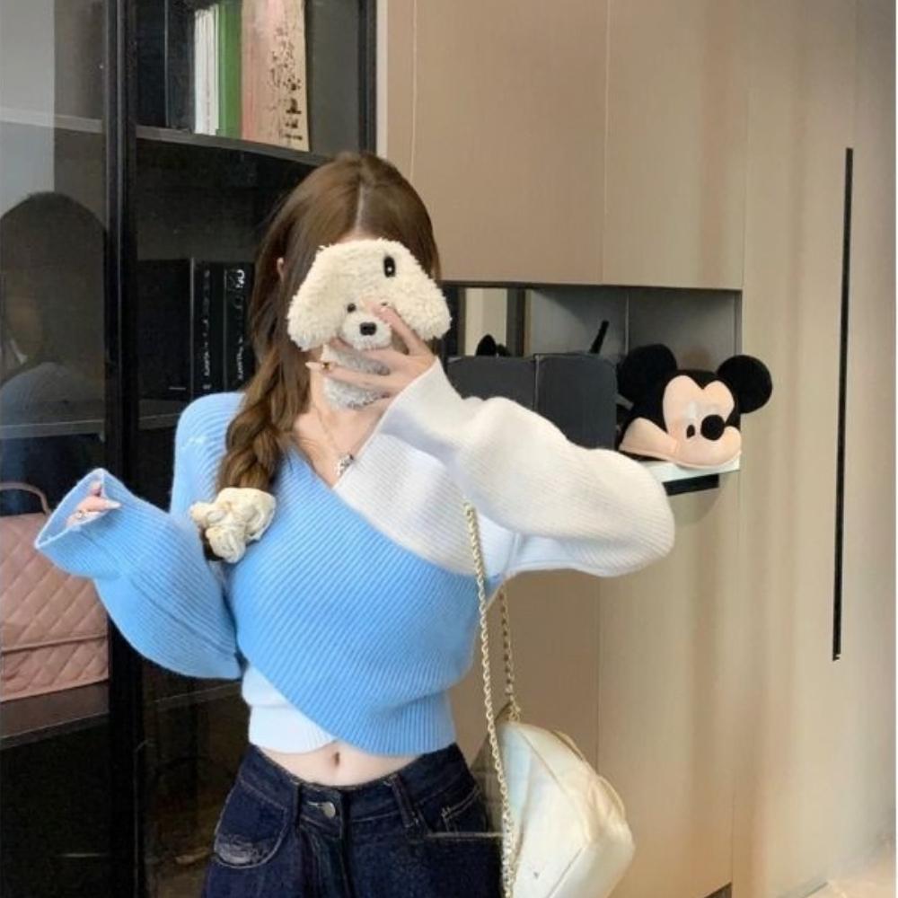 

Женский осенне-зимний топ с V-образным вырезом и открытым плечом, базовый свитер с неровным краем one size синий