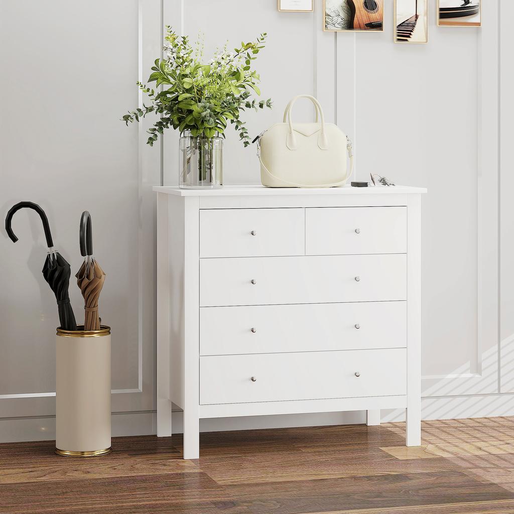 Modern Chest of Drawers, 5 Drawer Storage Cabinet with Metal Handles and Runners for Bedroom, White