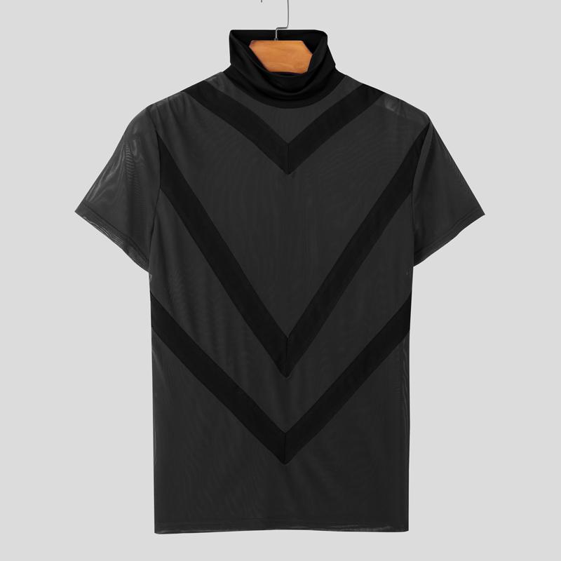 

INCERUN Летние мужские футболки с высоким воротом и коротким рукавом, сетчатые прозрачные футболки чёрный